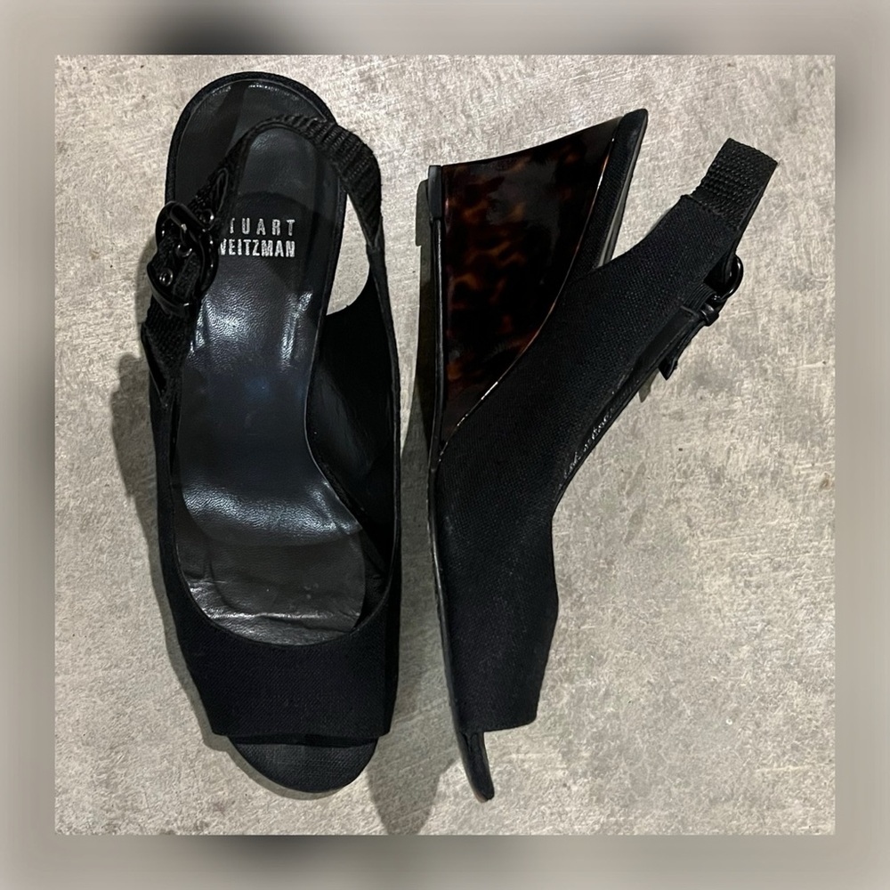 STUART WEITZMAN black open toe slingback tortoise shell wedge sandals